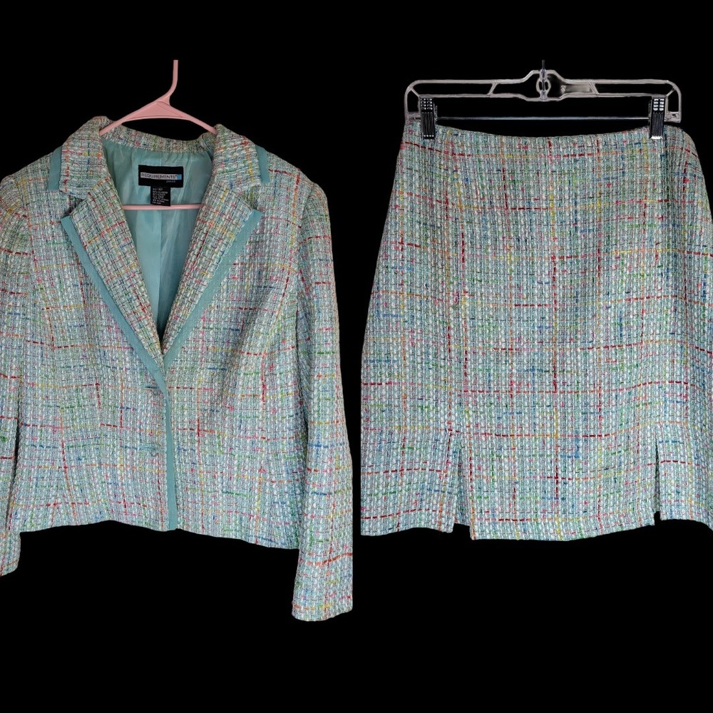 Requirements Skirt Suit Set Womens 14P 16P Aqua Blue Multi Tweed Blazer Skirt